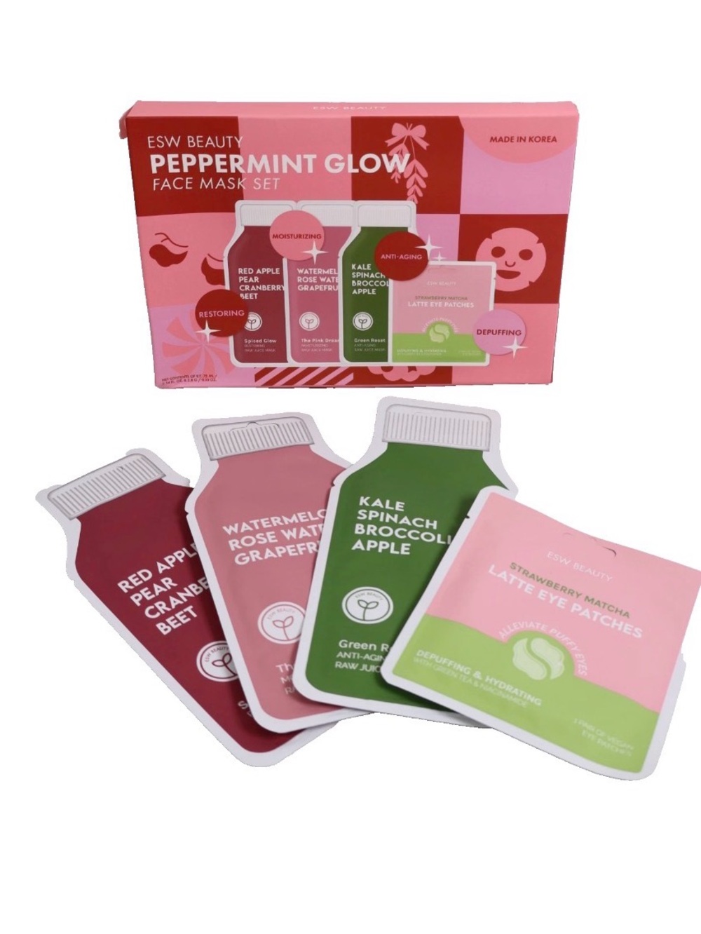 Bundle of 4 -ESW Beauty Korean Peppermint Glow Face Mask Set, New In Box.